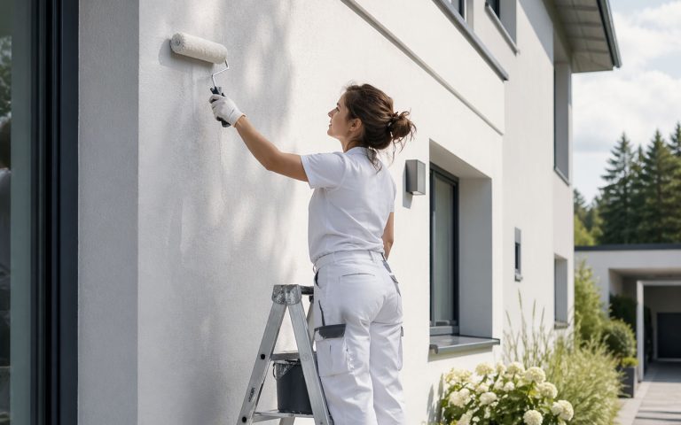 Eine Malerin arbeitet an der Fassade eines modernen Wohnhauses im Außenbereich. Das Bild vermittelt saubere Ausführung, professionelles Handwerk und bringt zugleich mehr Abwechslung in die Bildsprache.