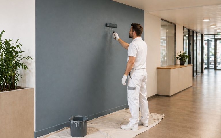 Malerarbeiten in einem modernen Büro- oder Objektbereich – ideal zur Darstellung gewerblicher Anstriche mit professioneller Ausführung.