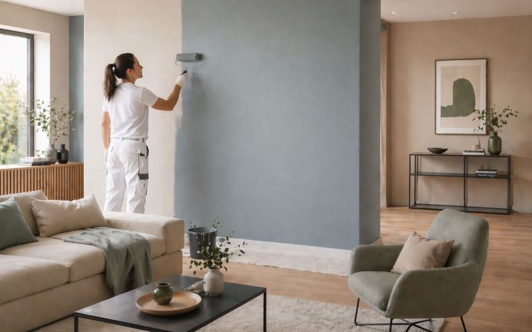 Eine Malerin gestaltet eine Wand in einem stilvollen Wohnraum neu und schafft mit sanften Blau- und Naturtönen eine moderne Raumwirkung.