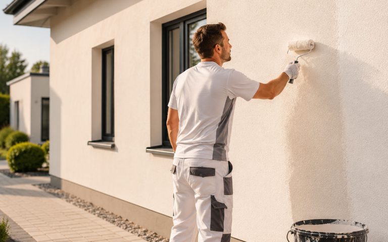 Fachgerechter Anstrich einer strukturierten Außenfassade mit Farbroller.