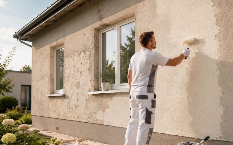 Maler renoviert eine ältere Fassade und überarbeitet schadhafte Außenflächen.
