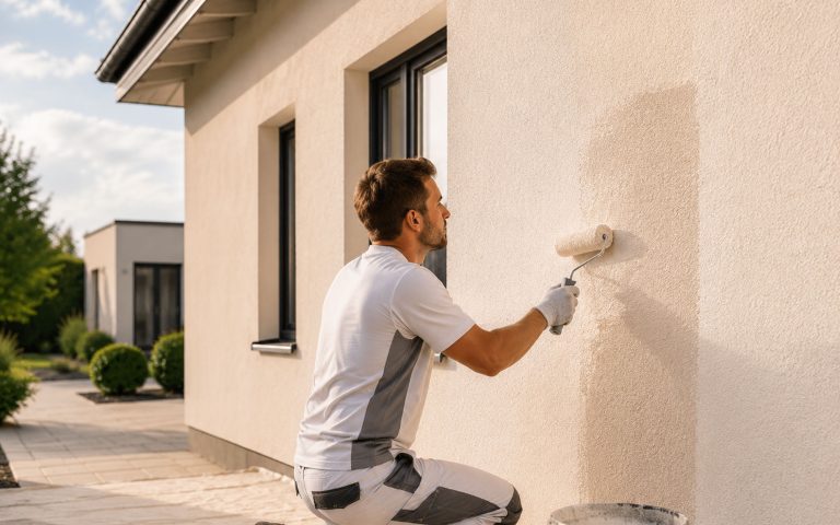 Maler trägt eine schützende Beschichtung auf eine helle Putzfassade auf.