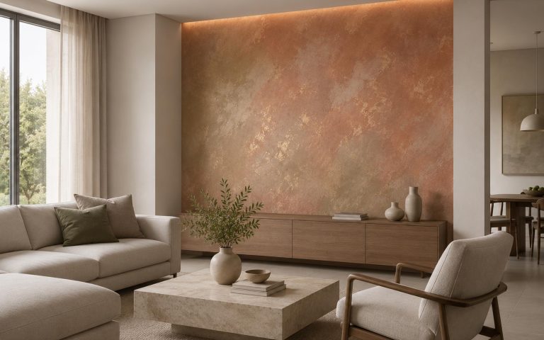 Moderner Wohnraum mit gezielt gestalteter Akzentwand in warmen Terracotta- und Erdtönen. Das Bild zeigt eine farbige Wandgestaltung, die den Raum aufwertet, ohne ihn zu überladen.