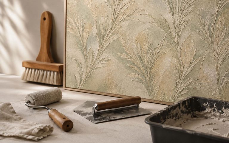 Detailaufnahme einer strukturierten Wandfläche in kräftigem Mauve- und Violettton. Das Bild zeigt, wie dekorative Techniken farbige Akzente setzen können, ohne die Raumwirkung zu überladen.