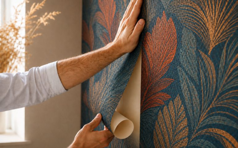 Eine hochwertige Designtapete mit botanischem Muster in Blau-, Rot- und Goldtönen wird fachgerecht angebracht. Das Motiv verbindet elegante Raumgestaltung mit mehr Farbe und individueller Wohnatmosphäre.