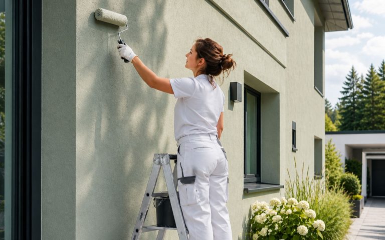 Eine moderne Hausfassade wird mit einer hochwertigen hellgrünen Fassadenfarbe professionell gestrichen. Das Bild vermittelt saubere Handwerksarbeit, frische Farbgestaltung und eine gepflegte Außenansicht.