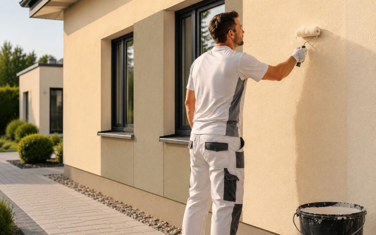 Ein Maler streicht die Fassade eines modernen Wohnhauses in einem warmen, hellen Farbton. Das Bild vermittelt saubere Handwerksarbeit, langlebige Fassadenbeschichtung und eine gepflegte, hochwertige Außenwirkung.