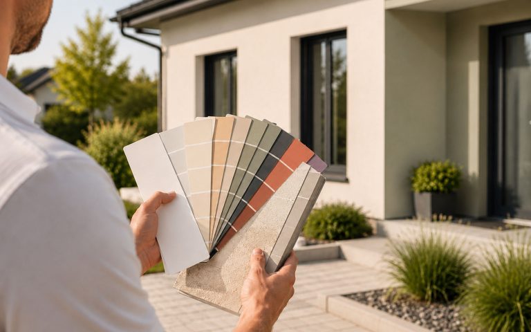 Ein Maler hält Farbmuster und Materialproben vor einer modernen Hausfassade. Das Bild steht für individuelle Farbberatung, abgestimmte Fassadenkonzepte und hochwertige Gestaltungsmöglichkeiten im Außenbereich.