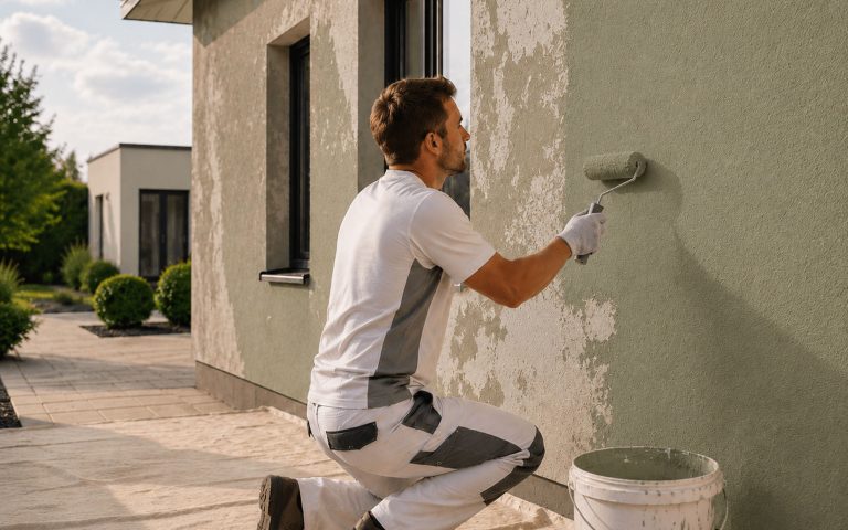 Eine bestehende Fassade wird gründlich überarbeitet und mit einem dezenten Sage-Grün neu beschichtet. Das Bild zeigt die fachgerechte Renovierung von Bestandsflächen und ein sauberes, harmonisches Erscheinungsbild.