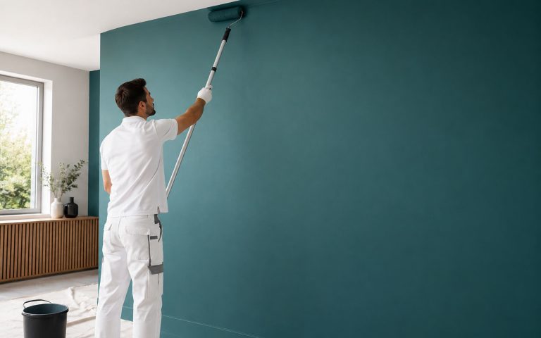 Eine große Innenwand wird mit einer petrolfarbenen Wandfarbe professionell gestrichen. Das Bild steht für moderne Malerarbeiten, ausdrucksstarke Farbgestaltung und eine elegante, hochwertige Innenraumwirkung.