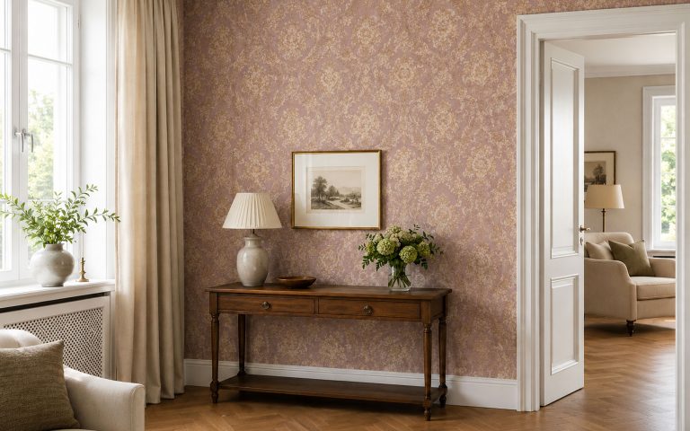 Ein geschmackvoll eingerichteter Wohnraum mit klassischer Mustertapete in Rosé- und Beigetönen. Das Bild steht für dekorative Wandgestaltung, elegante Farbwelten und hochwertige Tapezierarbeiten mit besonderem Charakter.