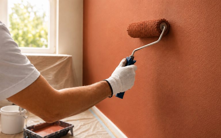 Ein warmer Terracotta-Anstrich wird mit der Farbrolle professionell auf die Wand aufgebracht. Das Bild wirkt modern, wohnlich und farbstark und zeigt klassische Malerarbeiten mit hochwertiger Ausstrahlung.