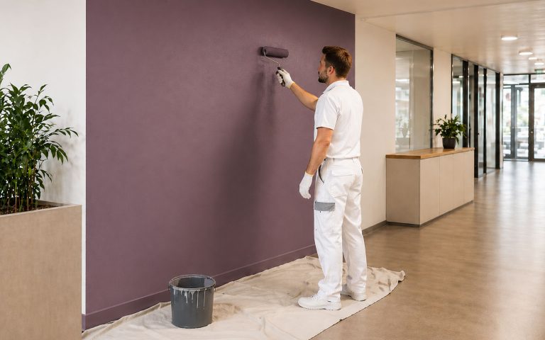 Ein Maler gestaltet eine Innenwand in einem eleganten Violettton und setzt damit einen besonderen gestalterischen Akzent. Das Bild verbindet moderne Farbkonzepte mit professioneller Ausführung und hochwertiger Raumwirkung.
