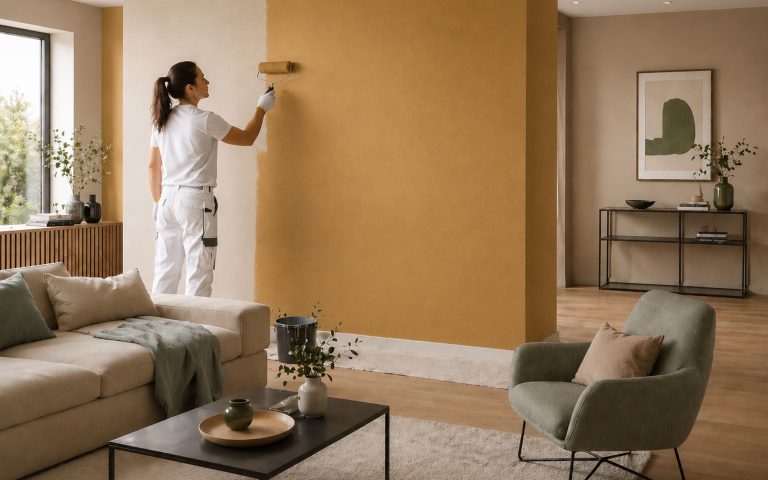 Ein Wohnraum erhält durch eine ockerfarbene Akzentwand eine warme und stilvolle Atmosphäre. Das Bild zeigt professionelle Malerarbeiten, moderne Raumgestaltung und ein hochwertiges Wohnambiente.